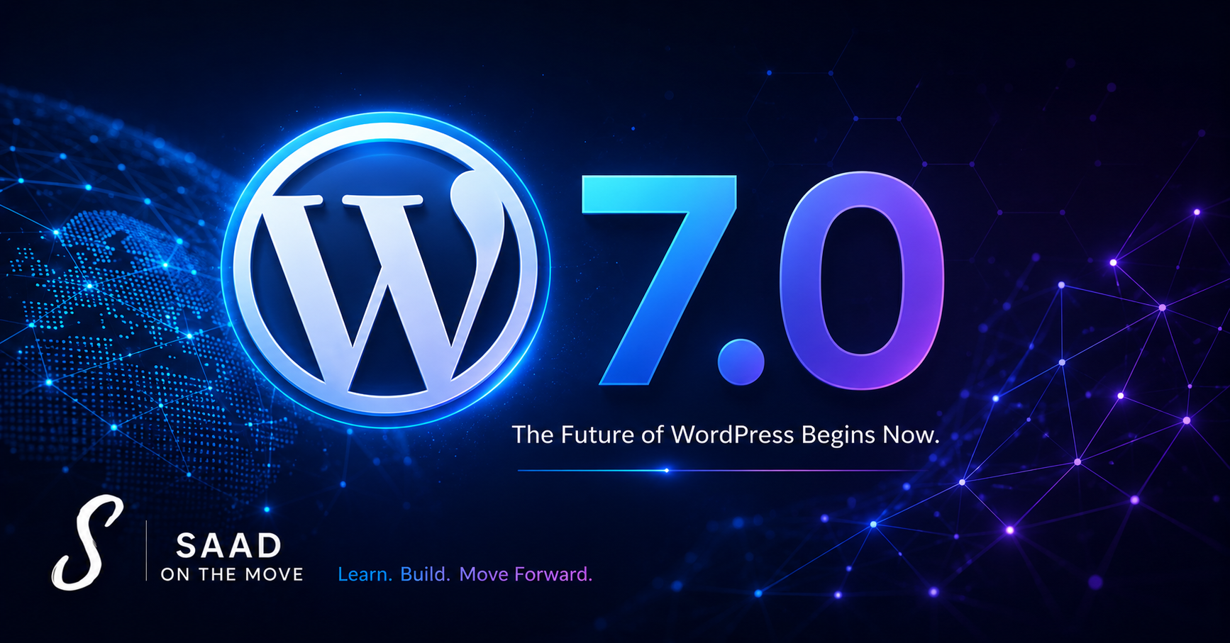 WordPress 7.0 release announcement banner with glowing logo and digital network background — May 2026 update by Saad on the Move
